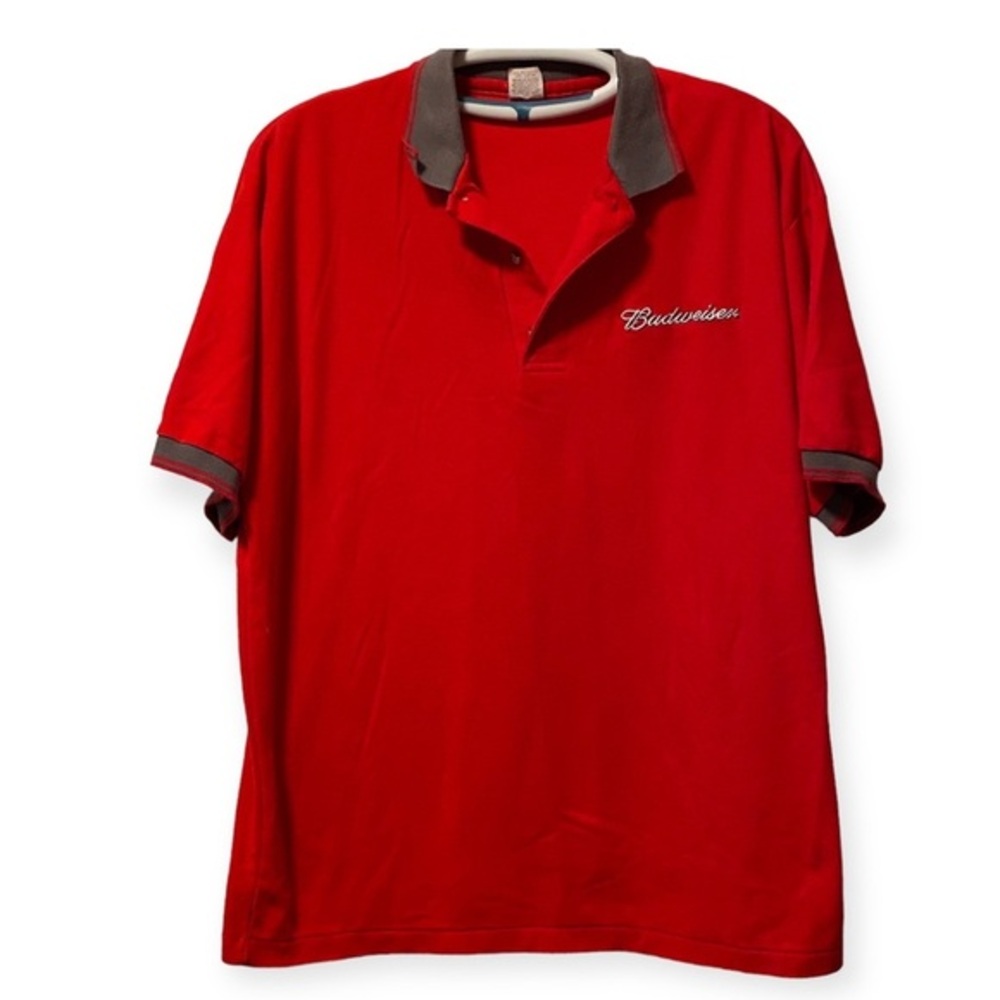 Angelica Budweiser Shirt‎ Mens Size Large Pull Over Red Collared Short Sleeve